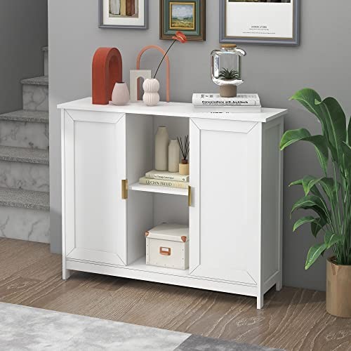 Storage Cabinet, Credenza Buffet Cabinet Wooden Coffee Bar Cabinet White - Picture 7 of 7