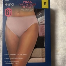 Felina Pima Cotton Blend Hi-Cut Panties 6 Pack S Lace Trim Waistband