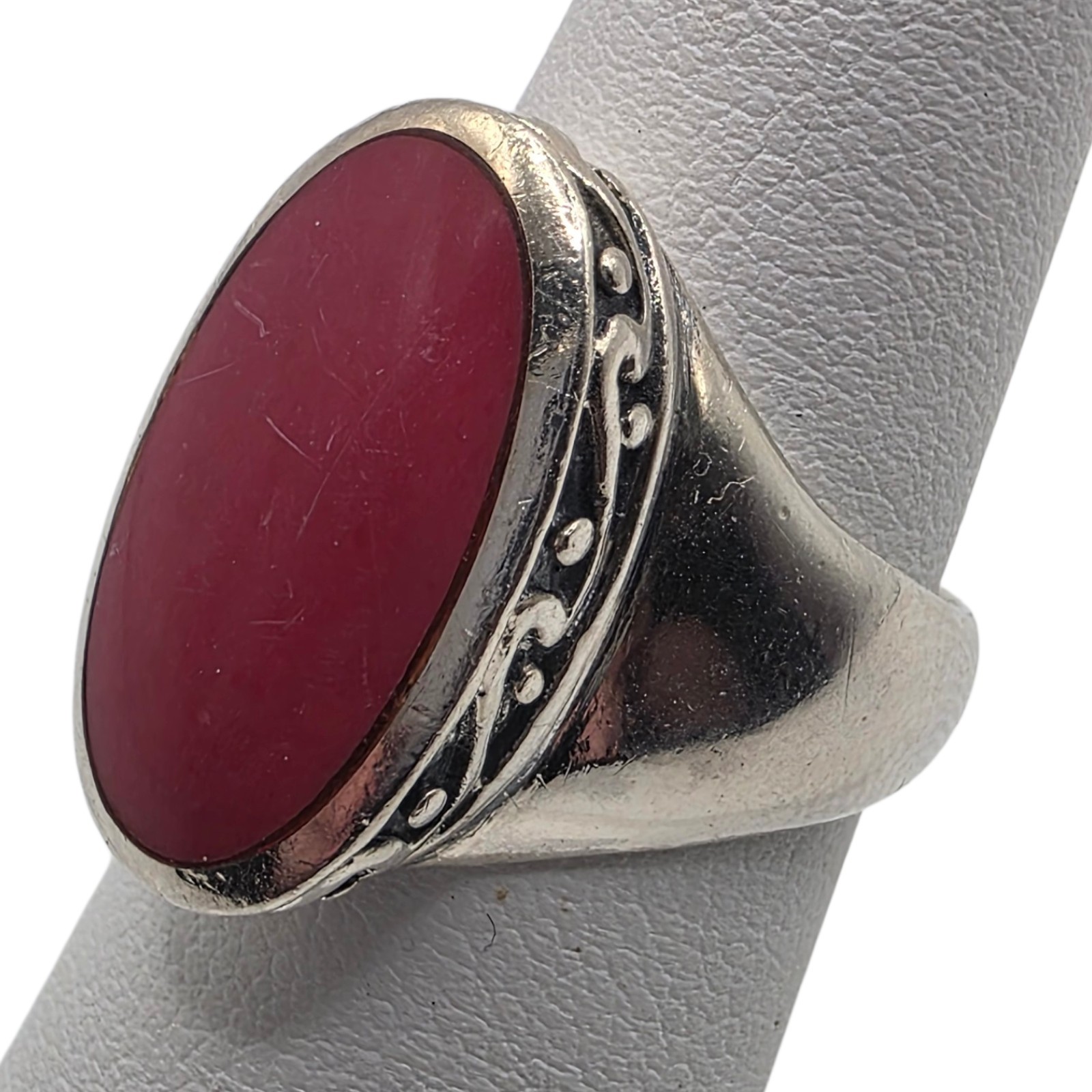 Solid 925 Sterling Silver Red Cabochon Ring Size … - image 1