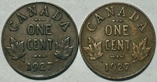 LOT OF 2 1927 Canada KEY DATE 1 Cent Pennies! RARE LOW MINTAGE KEY DATES!