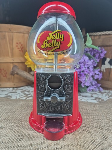 Jelly Belly Gourmet Mini Dispenser Coin Op Red Metal Glass Gumball Machine 
