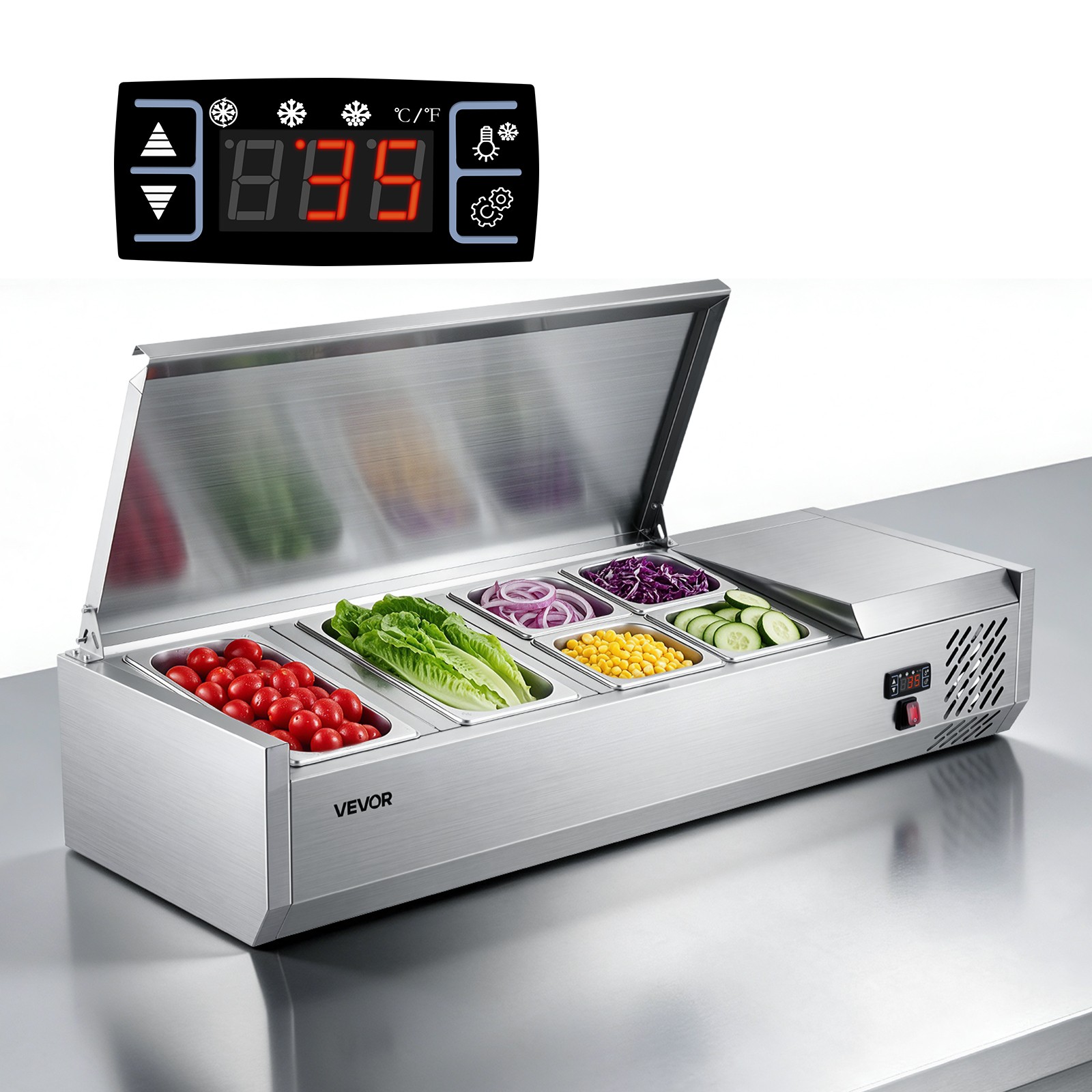 VEVOR Refrigerated Countertop Prep Unit 47.2" Salad Condiment Prep Station 22 QT