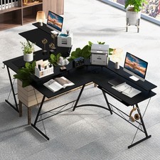 GYMAX L Shape Computer Desk with UK Plug Socket USB Ports Corner Black