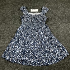 Old Navy Fit & Flare Dress Womens S Blue White Floral Smocked Cotton Square Neck