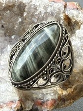Green Seraphinite Filigree Florals Silver Melchior Ladies Ring Antique Art Deco