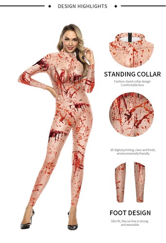 Halloween Horror Bleeding Jumpsuit Women Cosplay Creepy Bodysuit Costumes Zentai - Picture 7 of 11