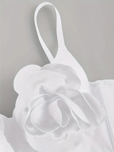3D Floral Decor Solid Cami Top, Sexy Low Cut Backless Spaghetti Strap Crop Top F - 第 4/6 張圖片