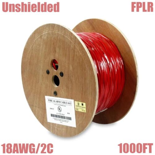1000FT 18AWG/2C Unshielded Fire Alarm Cable Solid Bare Copper Wire FPLR Cord Red - Afbeelding 1 van 2