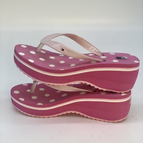Tommy Hilfiger Women’s Thong Sandals Slides 6 Med Pink White Polka Dots - Picture 2 of 8