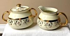 Vintage Hall Beige & Gold Trillium Flower Creamer & Sugar Set Ceramic Floral