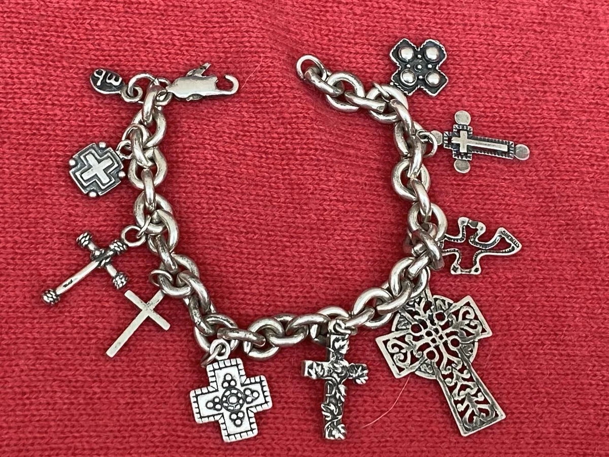 VINTAGE STERLING SILVER CROSS CHARMS LINK BRACELET 57 gr