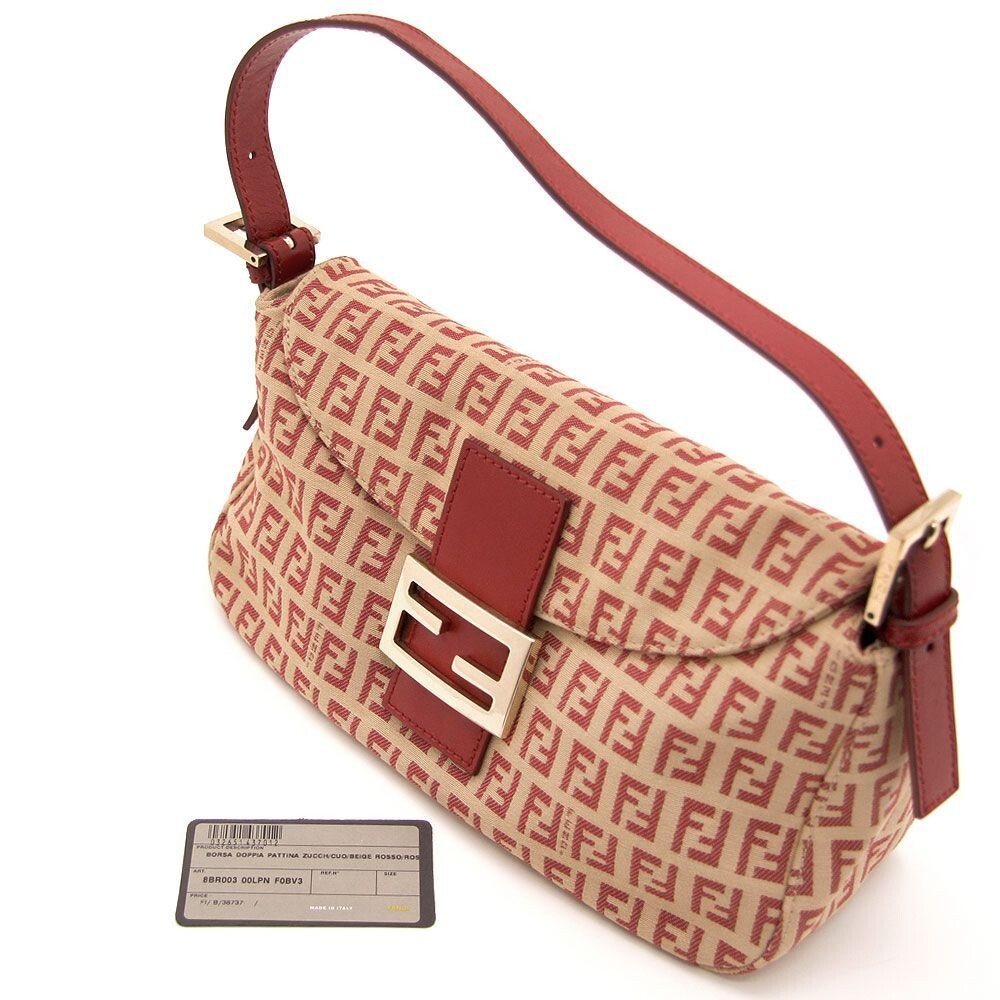 Fendi Zucchino Mamma Baguette Shoulder Bag Red Beige Canvas FF Logo 8BR003