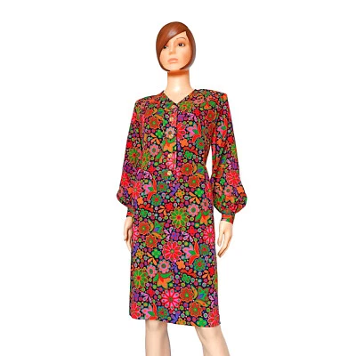 Robe YSL Rive Gauche 70s Vintage Fleurs Psyché Multicolores T.40 France - Photo 1/4