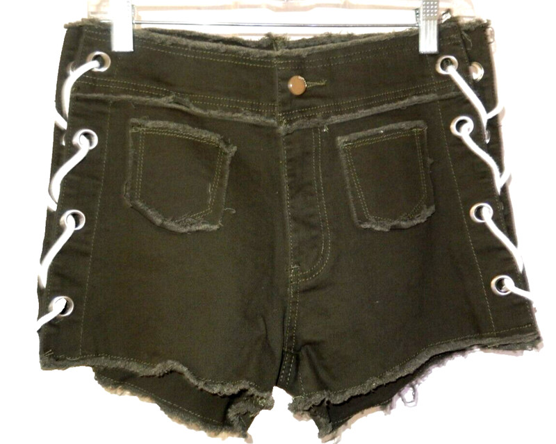 SHEIN  Lace Up Sides Cutoff Fringe Stretch Denim Shorts-L, army green
