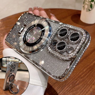 For iPhone 16 Pro Max 15 14 13 12 11 Glitter Bling Diamond Mag Safe Ring Case