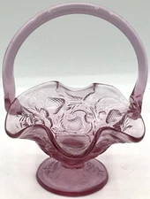 Fenton Art Glass Basket Strawberries Rose Pink Ruffled Applied Handle Trinket