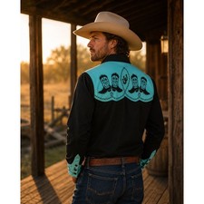 Scully Western Rodeo Shirt Black Turquoise BEADED Embroidery COWBOY MEN SMALL