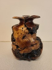 Vtg MCM Turned Burl Wood Bud Vase W/Glass Insert