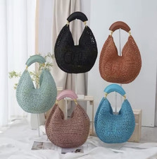 Damen Hobo Taschen Stroh geflochten Halbkreis...