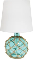 LT1050-AQU Buoy Rope Nautical Netted Coastal Ocean Sea Glass Table Lamp with Whi