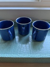 Set Of 3 Speckled Blue Enamelware With Silver Rim Coffee Mugs Camping