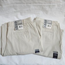2 IZOD Classic Flat Front Pants Boys Husky 20 Chinos Khaki Cement Cotton READ