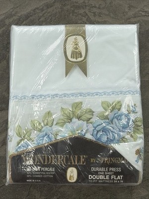 Vintage Springmaid Wondercale Double Full Blue Roses Floral Flat Sheet NEW