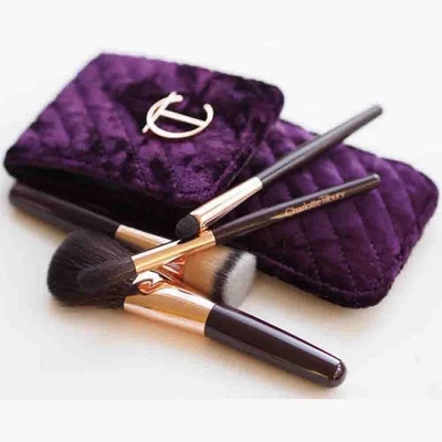 4Pcs Charlotte Tilbury Magic Makeup Brush Set +Purple Velvet Pouch Travel Size,