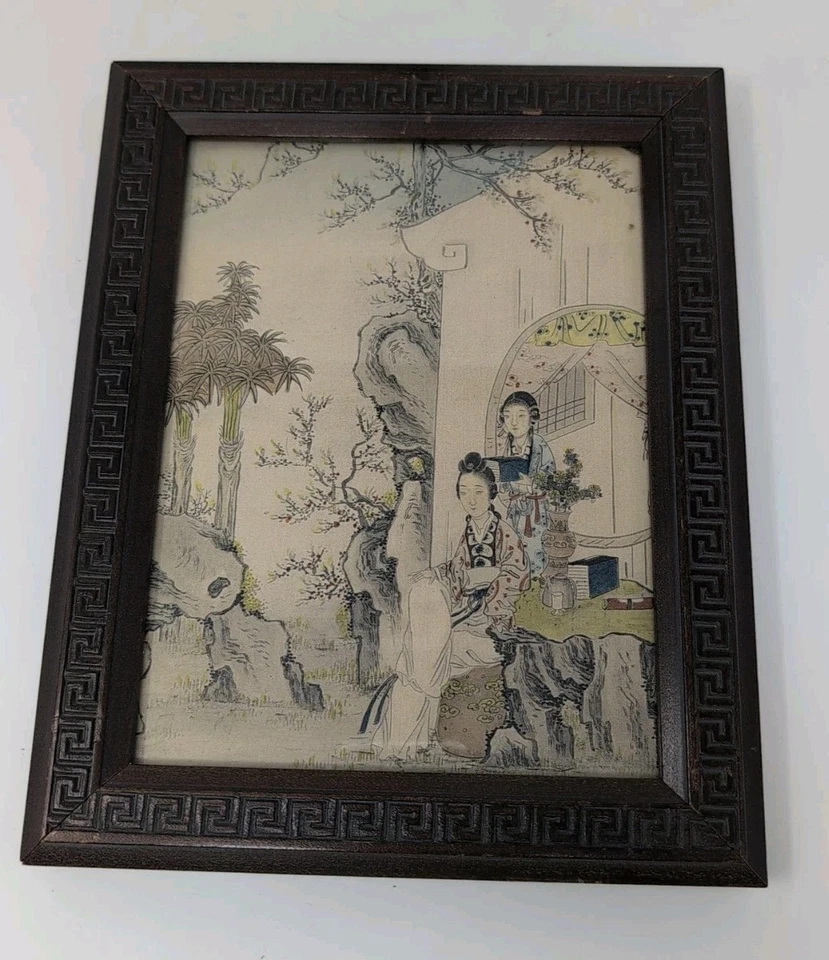 Antique Set 2 Greek Key Framed Asian Geishas In Nature Lithograph Painting 1920s - Image 2 of 4