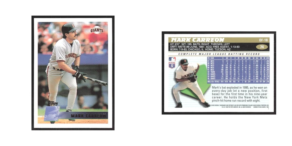 1996 Topps Mark Carreon Giants #74 - Image 3 of 3