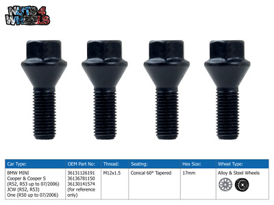 4 x schwarze OEM Style Radschrauben passend für BMW Mini JCW R52 R53 John Cooper Works