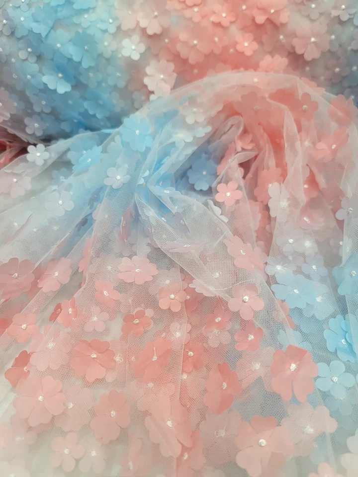 DIVASTYLETEXTILES 3d Embroidery Floral Blue Coral Flowers Fabric Sold By The Yard 3d Lace Multicol