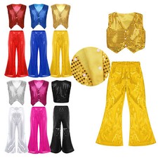 Kids Girls Shiny Metallic Hip Hop Jacket Vest Jazz Flared Pant Bell Performance
