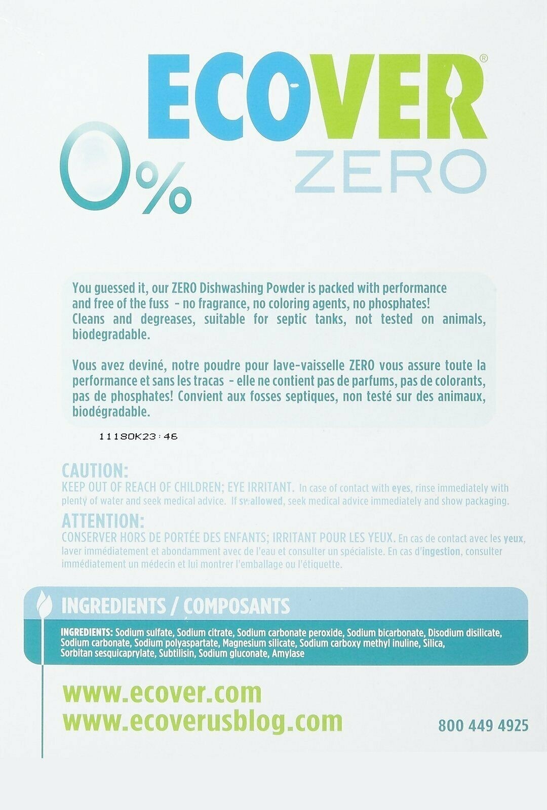 Ecover, Dishwasher Powder Zero, 48 Ounce 728997260015 eBay