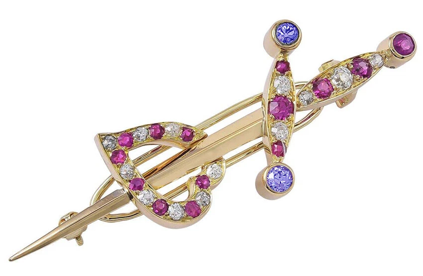 0.65ct Natural Round Diamond Ruby Sapphire 14K Solid Yellow Gold Brooch Pin - Image 3 of 4