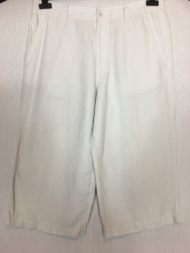 M&S Linen Trousers Pale Grey Wide Crop Drawstring Holiday Casual Beach Size 34W