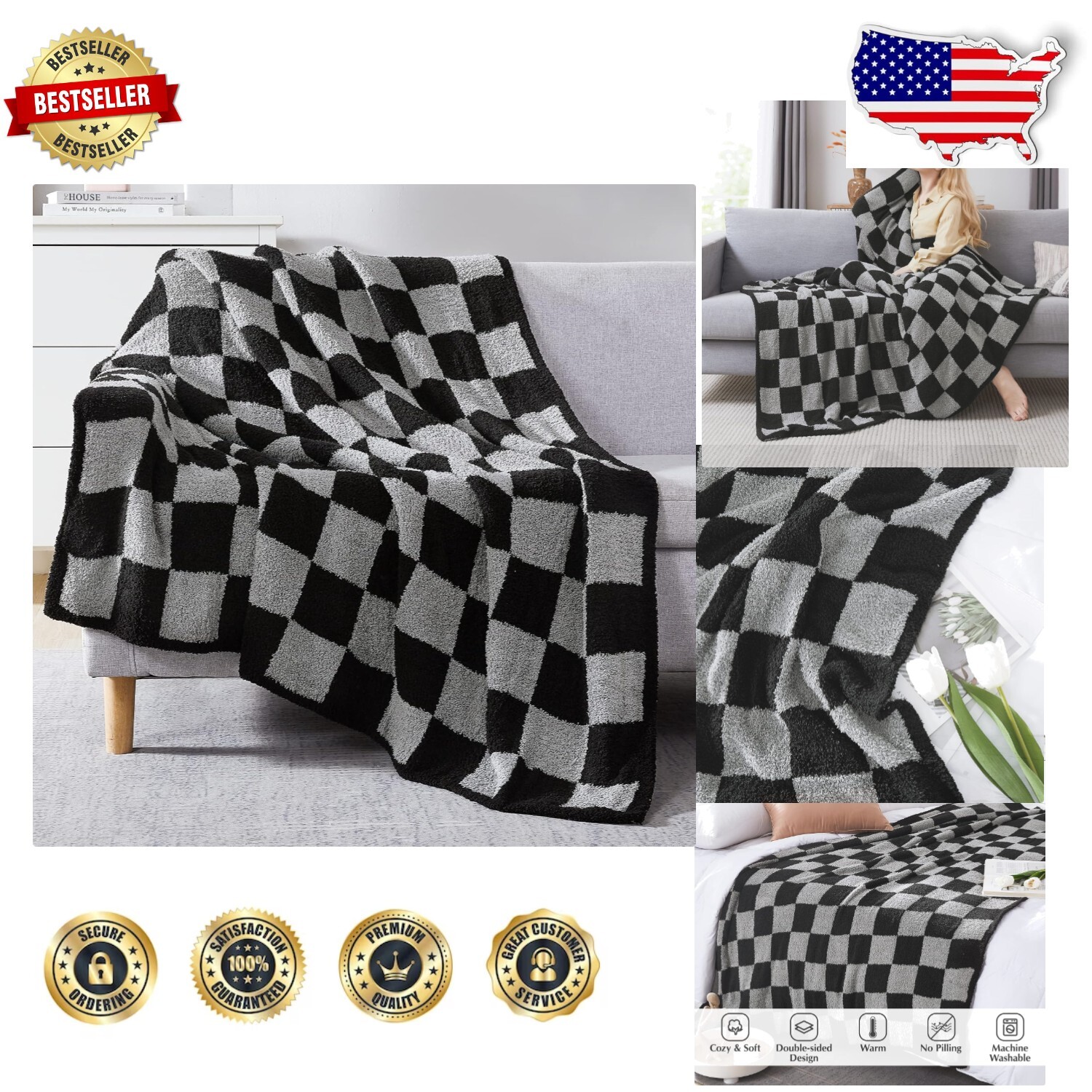 Elegant Checkered Throw Blanket - Black Grey Microfiber, 60x80 for All Seasons