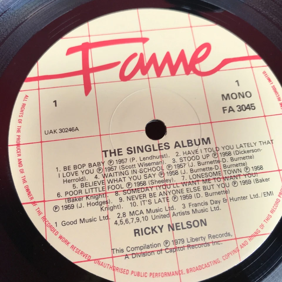 Ricky Nelson Singles Album 1979 UK vinyl LP Poor Little Fool Rick best of - Image 4 of 4