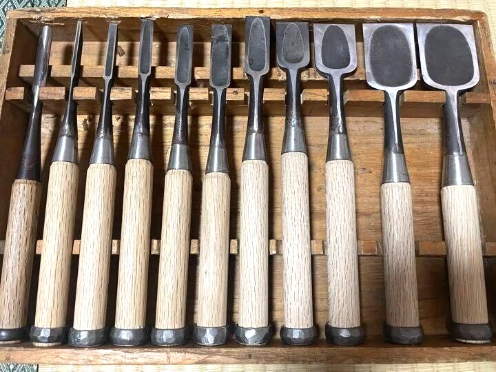 Tsuki Ichihiro Oire Nomi Japanese Bench Chisels Set of 10 & Sotomaru 月市弘 追入鑿