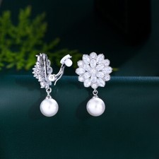 Fashion Jewelry CZ Women Crystal Pearl Flower Non Pierced Clip On Drop Earrings