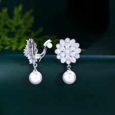 CWWZircons CZ Crystal Pearl Flower Non Pierced Clip on Drop Earrings for Women
