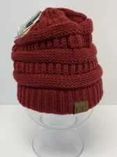 CC Beanie Messy Tail Soft Stretch Cable Knit High Bun Ponytail Beanie - Burgundy