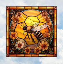 Bee Honeycomb Faux Stained-Glass WINDOW CLING Size 8" Square Vinyl