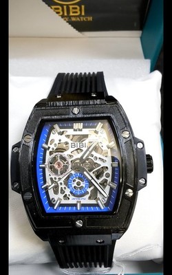 Bibi Luxury Watch Skeletone Mechanical Movement Silver & Blue Dial 