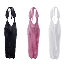 Women Sleeveless Halter Deep V-Neck Backless Ruffle Mesh Maxi-Long Bodycon Dress