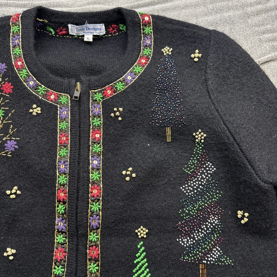 Suéter Vintage Navidad Cuentas Árbol Lana Cárdigan Vacaciones Mujer’s M Foto 4 de 4