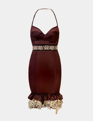 Roberto Cavalli 2000s Burgundy Silk Ruffled Hem Bustier Dress