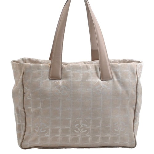 Authentic CHANEL New Travel Line Shoulder Tote Bag Nylon Leather Beige AD353