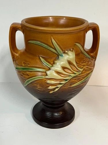 Vintage Roseville Pottery Brown Freesia 195-8 Urn Vase Original 1940's EUC
