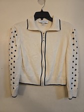St John Cream Black Full Zip Wool Blend Cardigan Sweater Sz 12